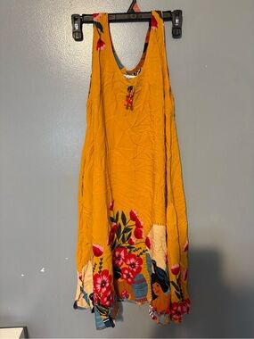 Mustard Yellow Floral Midi Dress with Tie-Front Detail
